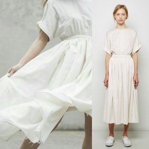 Black Crane White Cotton Pleated Midi Dress